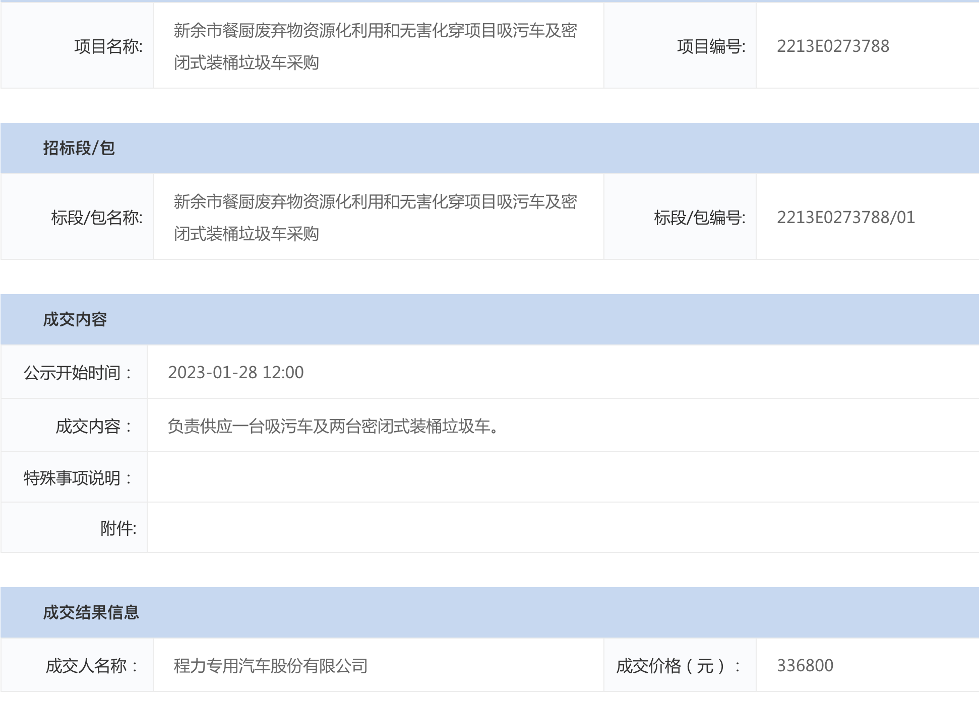 程力中標：新余市餐廚廢棄物資源化利用和無害化穿項目吸污車及密閉式裝桶垃圾車采購結果公示